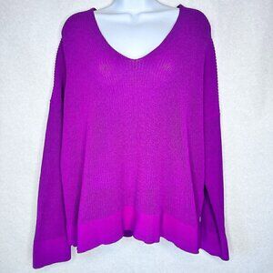 Eileen Fisher Corded V Neck Box Top Long Sleeve Sweater in Deep Mauve - Size M